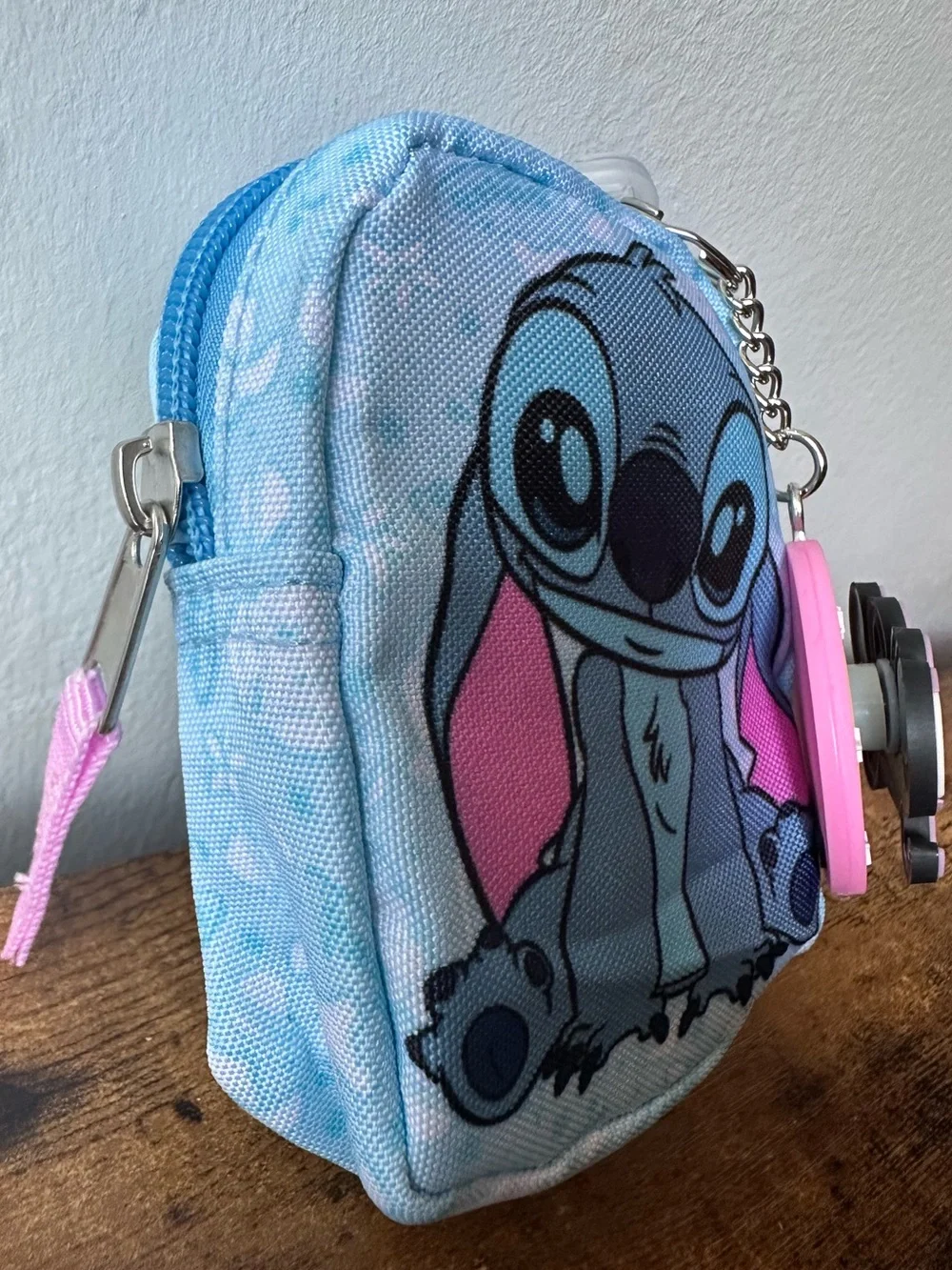 Kids Blue Stitch Bag Charm Keychain Pouch w/ Angel Spinning Keychain Charm NWOT